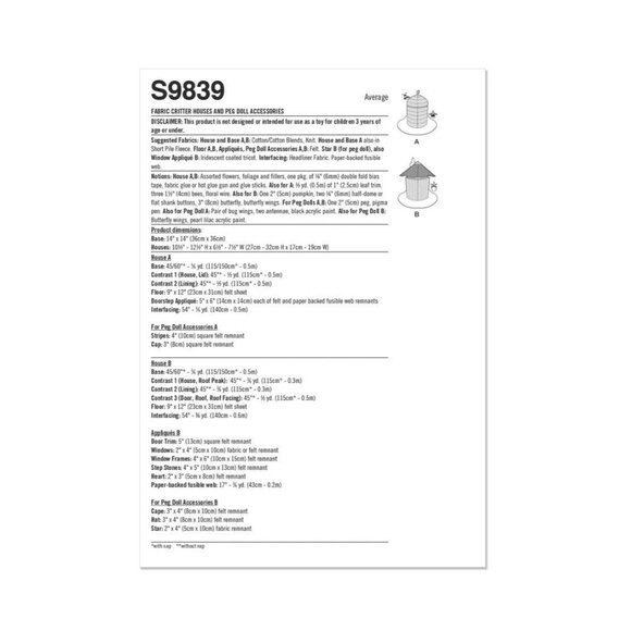 Simplicity PATTERN S9839 Fabric Critter Houses & Peg Doll Accessories New Uncut - Picture 2 of 8